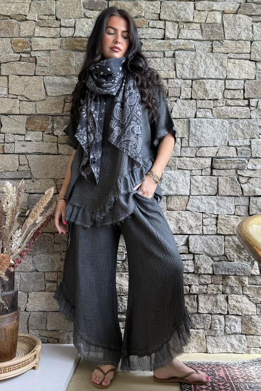 Rustic Nature Bubble Cotton Raw Frill Top Washed Charcoal